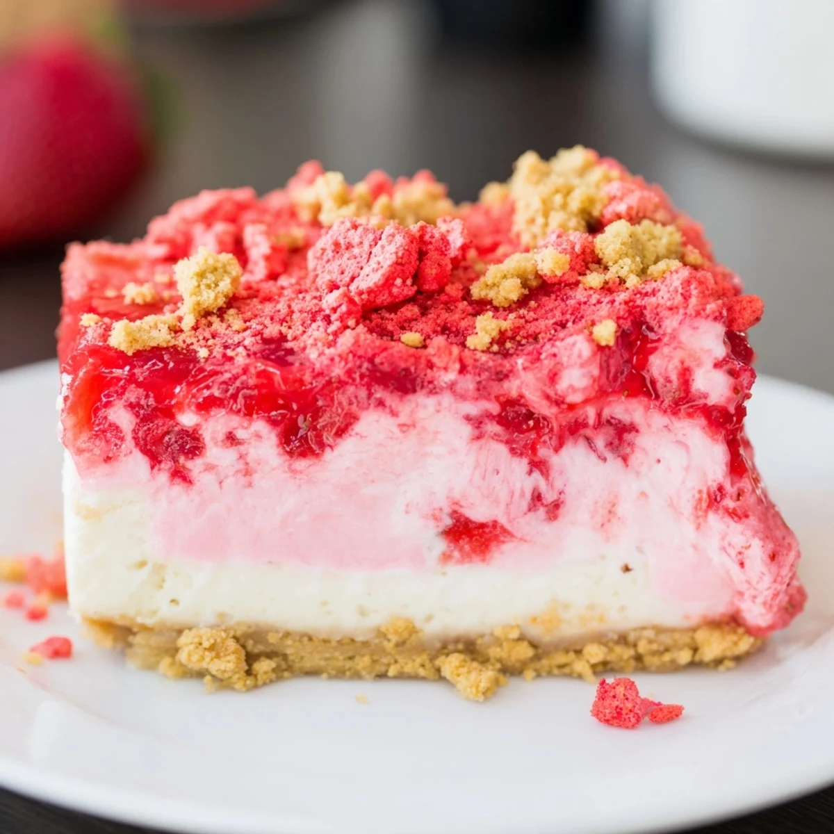 This gorgeous image shows a strawberry shortcake cheesecake, boasting a bright red topping and crumble.