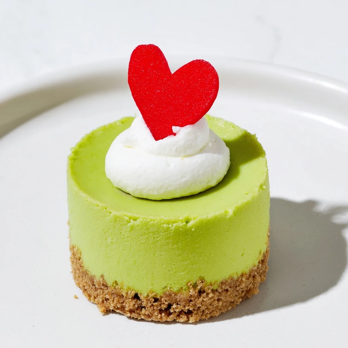 A close-up of creamy, vibrant Grinch Mini Cheesecakes, perfect for a Christmas dessert with Oreo crust.