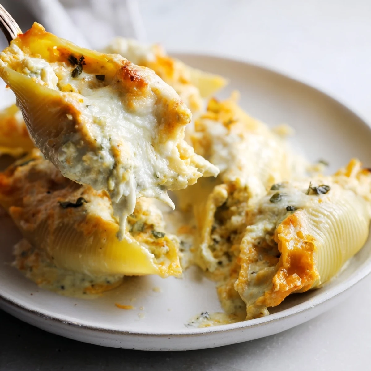 Golden-brown Pumpkin & Gouda Stuffed Shells, bubbling with cheese, topped with fresh sage, ready to serve.