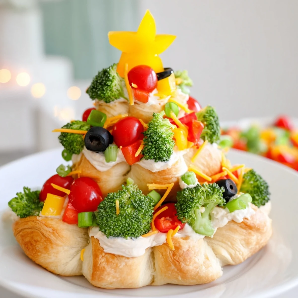 Easy Christmas Tree Veggie Pizza, featuring vibrant vegetables arranged atop a creamy, golden-brown base.