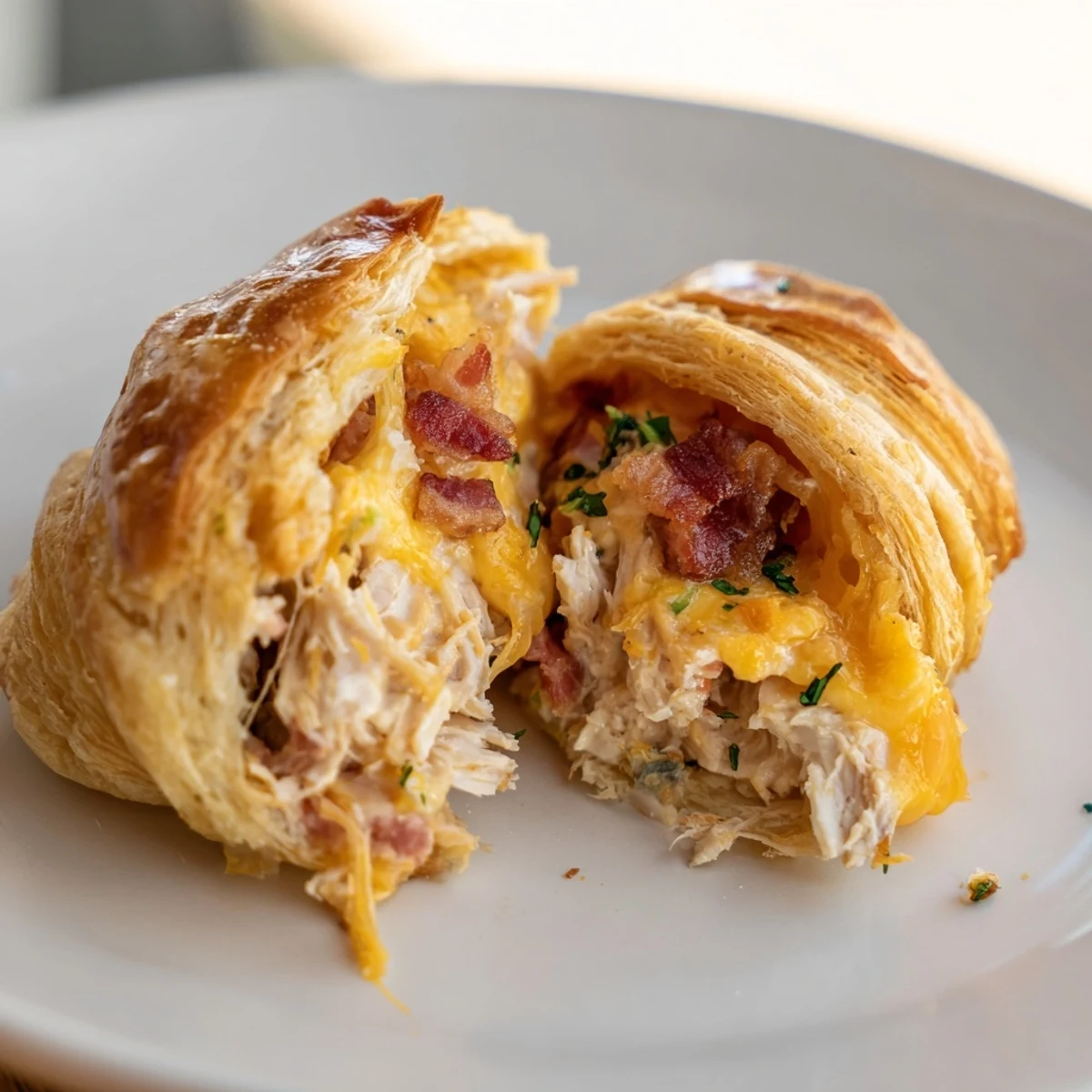 Golden-brown Cheesy Chicken and Bacon Crescent Rolls, oozing with melted cheese, fresh from the oven.