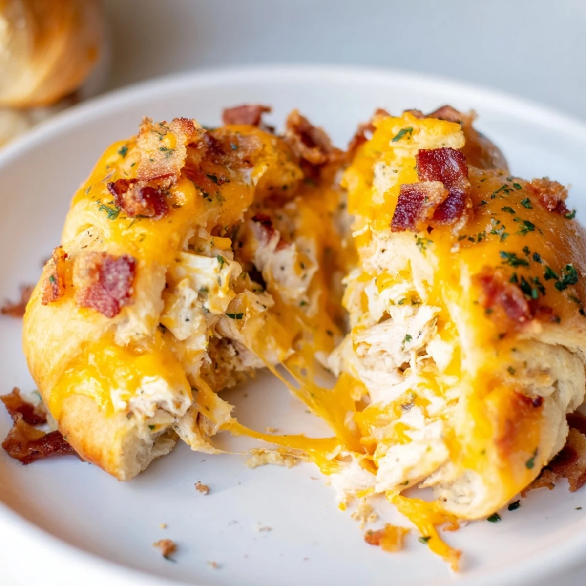 Perfect appetizer: warm Cheesy Chicken and Bacon Crescent Rolls showcasing melted cheese and crispy bacon.