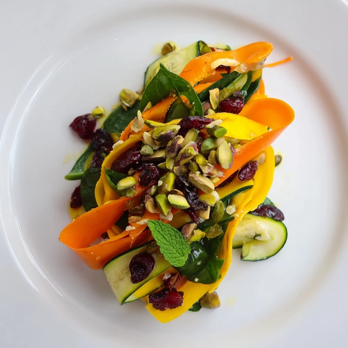 Close up shot of the colorful Pistachio and Cranberry Layered Ribbon Salad with vibrant vegetable ribbons.