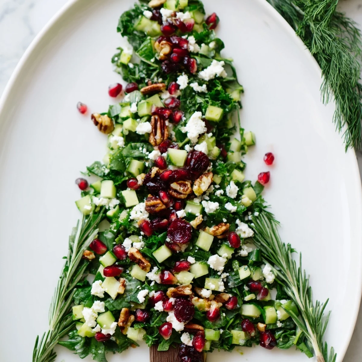 Holiday-themed Cranberry & Feta Cheese Tree Dip Salad with fresh herbs and crunchy pecans for dipping.