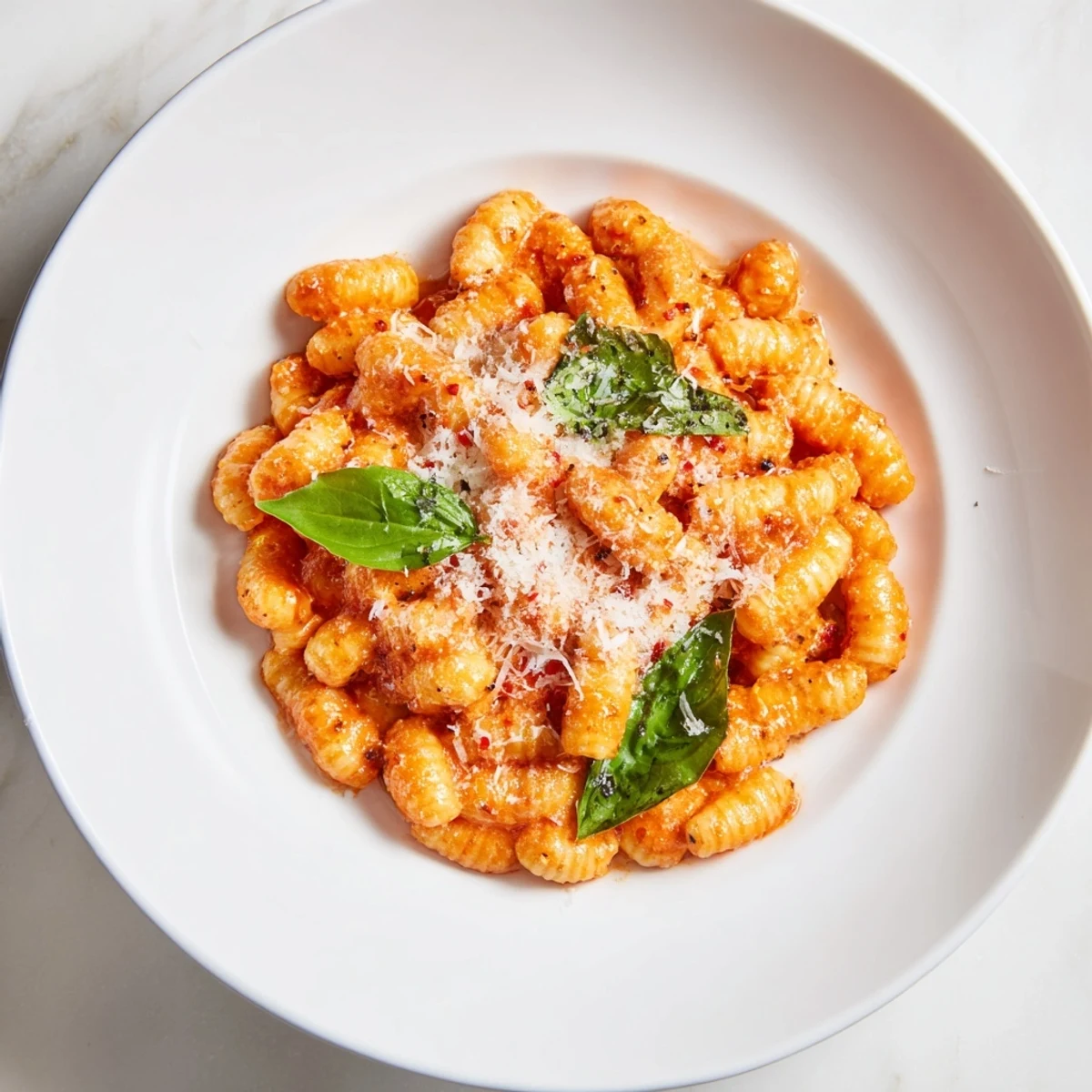 Creamy Spicy Vodka Sauce Ditalini: a flavorful pasta dish with vibrant red sauce and fresh basil garnish.