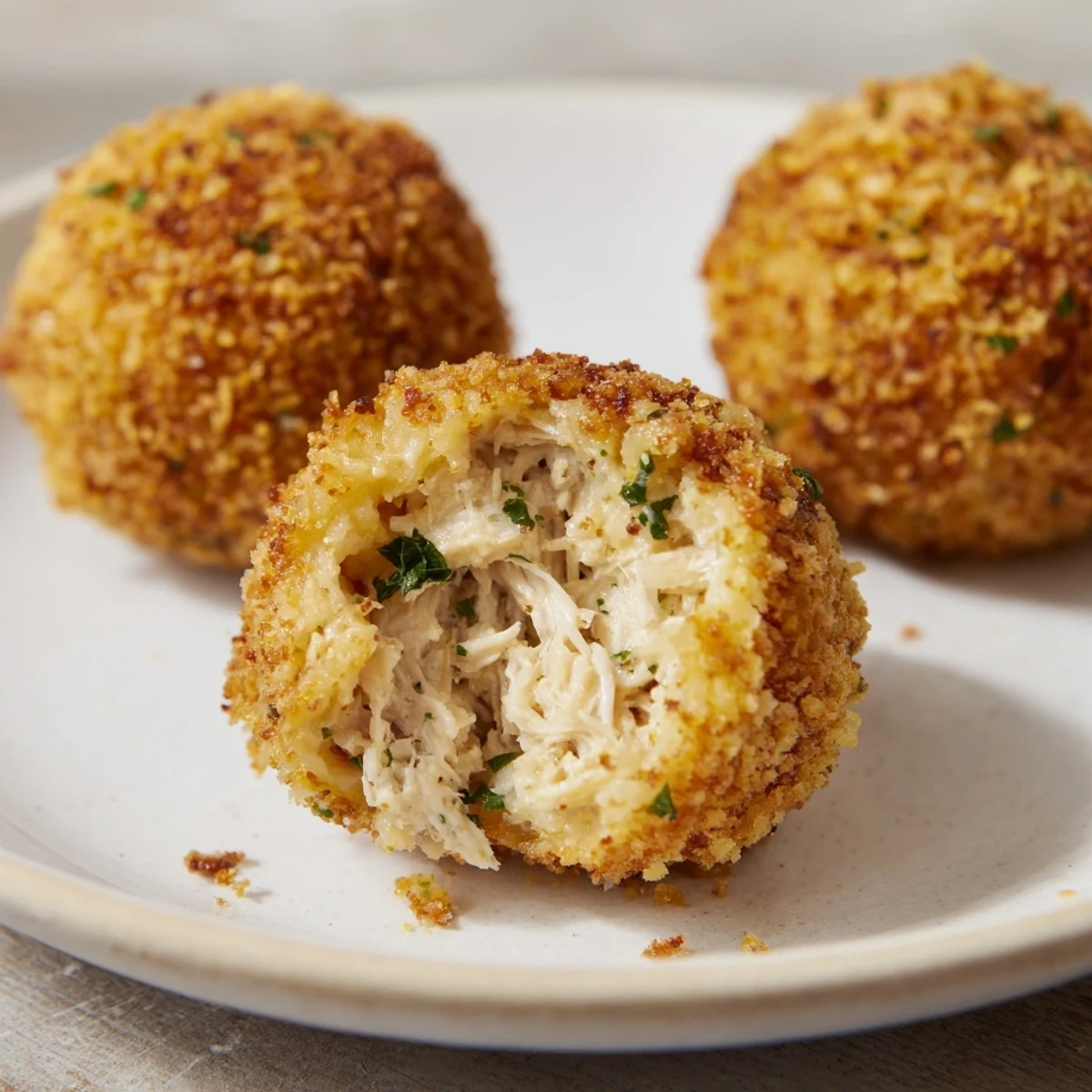 Close-up of crispy, perfectly fried Creamy Chicken & Rice Arancini Balls served hot, a delicious appetizer.