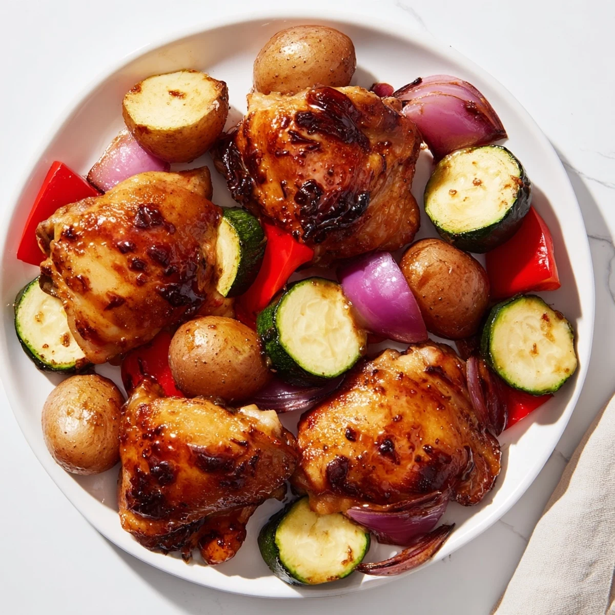 Roasted Black Garlic and Balsamic Chicken Sheet Pan with tender vegetables and crispy chicken skin.