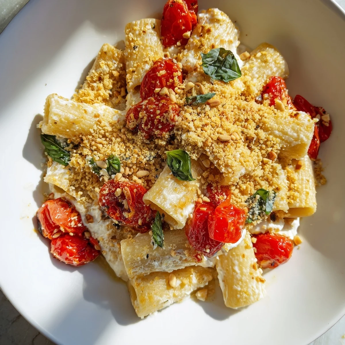 Golden-topped Baked Goat Cheese Snowflake Tomato Basil Pasta with blistered tomatoes and fresh basil garnish, looks delicious.