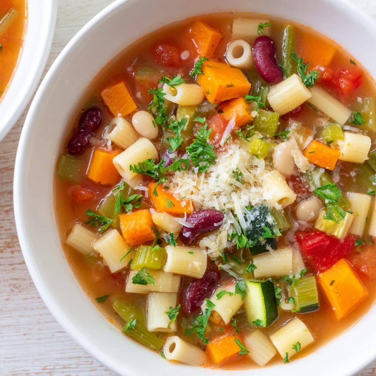 Steaming bowl of Veggie-Packed Minestrone Christmas Pasta Pot, filled with colorful vegetables and pasta.