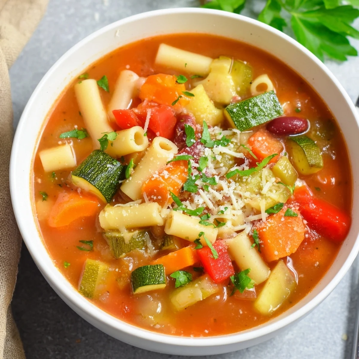 A flavorful Italian Veggie-Packed Minestrone Christmas Pasta Pot with colorful, soft vegetables and pasta.
