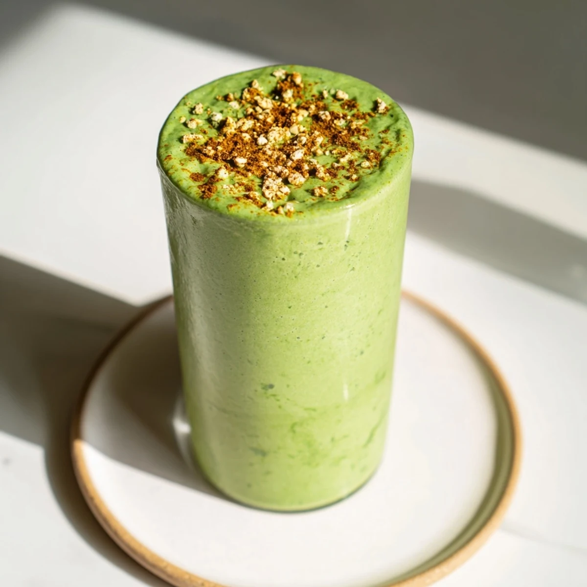 Frothy, blended Matcha Snickerdoodle Protein Shake, offering a perfect, energy-filled, pre-work morning drink.