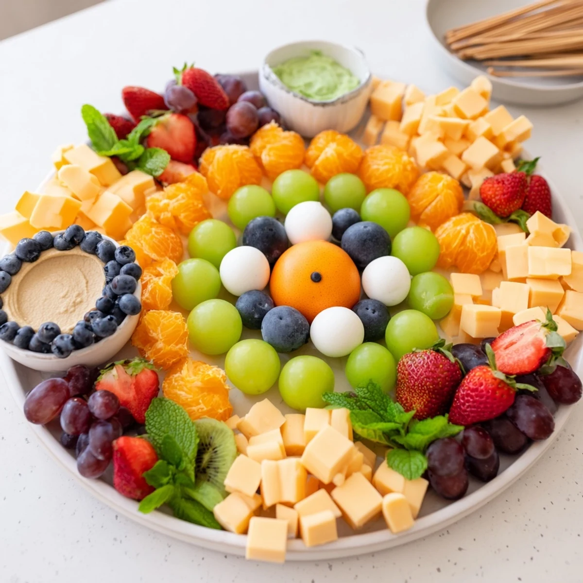 A beautifully arranged Comet & Planet Grazing Tray, with fresh snacks looking like space elements.