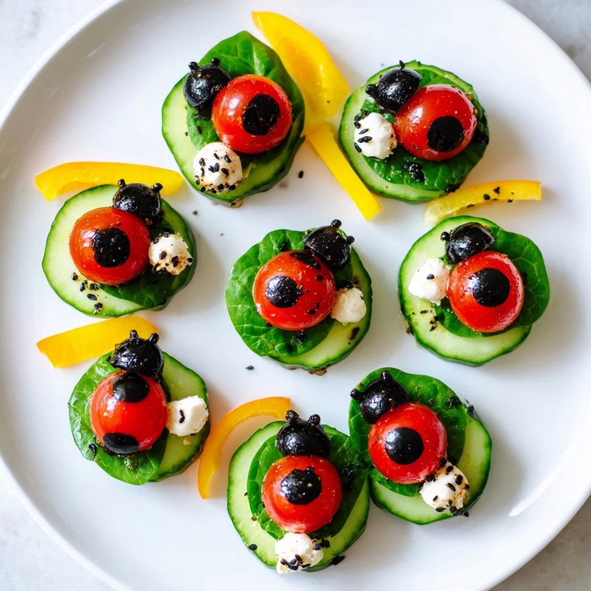 Bright red ladybugs made from cherry tomatoes on a beautiful Ladybug Garden Platter for festive fun.