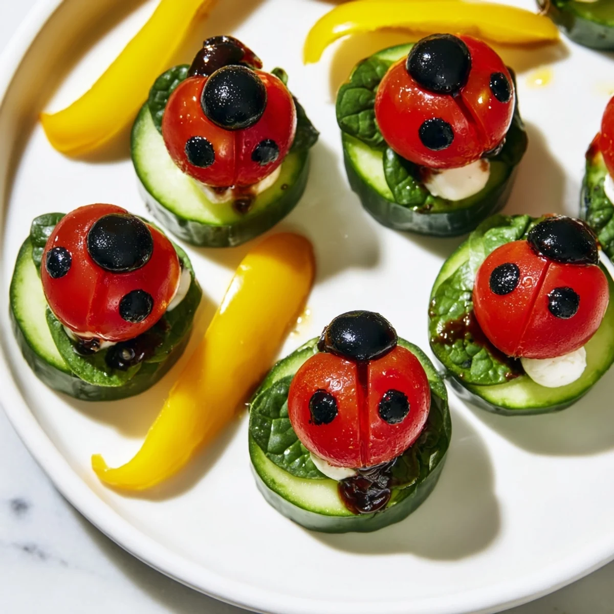 Kid-friendly Ladybug Garden Platter with whimsical veggie ladybugs ready for a delicious, healthy snack.