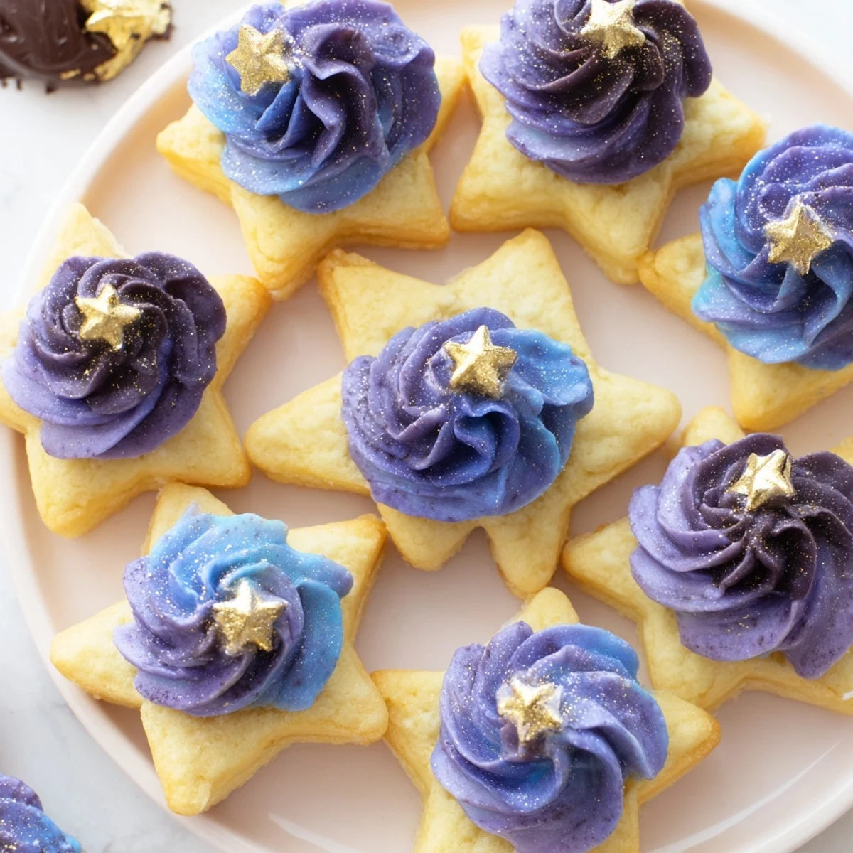 A beautiful close-up of the Stargazers Dessert Platter, featuring edible gold stars and swirls.