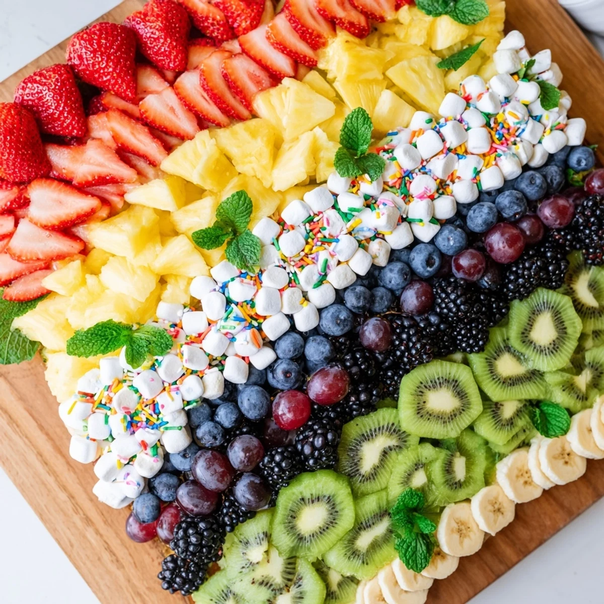 A colorful Happy Birthday Cake Slice Fruit Board showcases fresh strawberries, kiwi, and festive sprinkles.