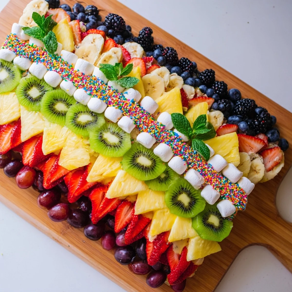 Delicious fruit art: This Happy Birthday Cake Slice Fruit Board sparkles with vibrant berries and pineapple.