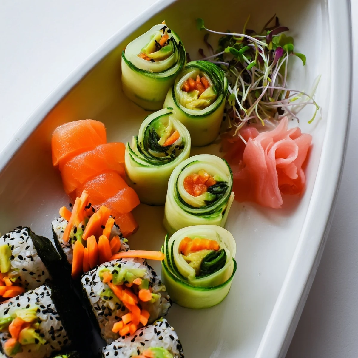 Sail Away Boat-Shaped Sushi Platter beautifully displays colorful sushi rolls, fresh fish, and garnishes, ready to serve.