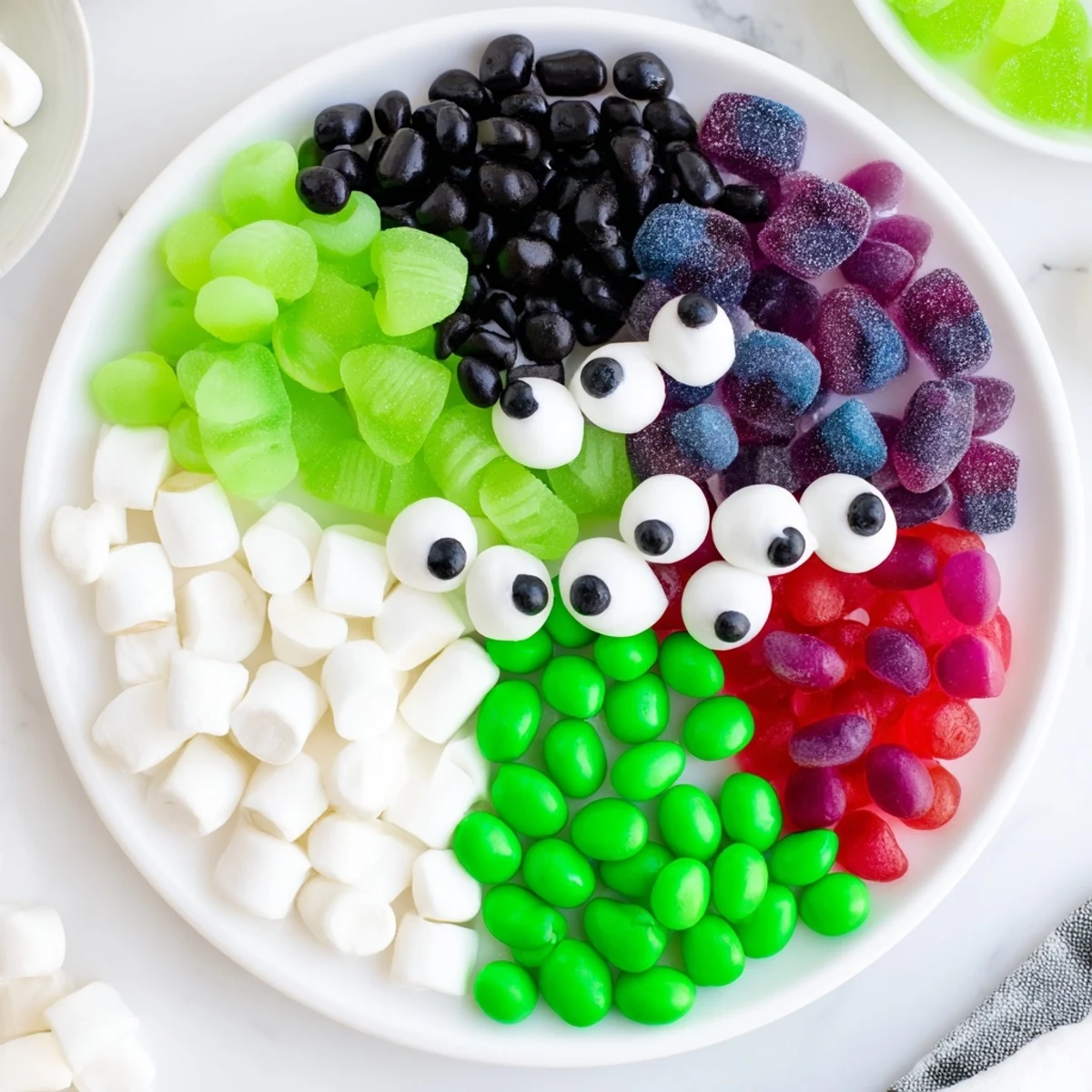 A vibrant Poison Apple Candy Platter, packed with green apple gummies and spooky eyeball candies.