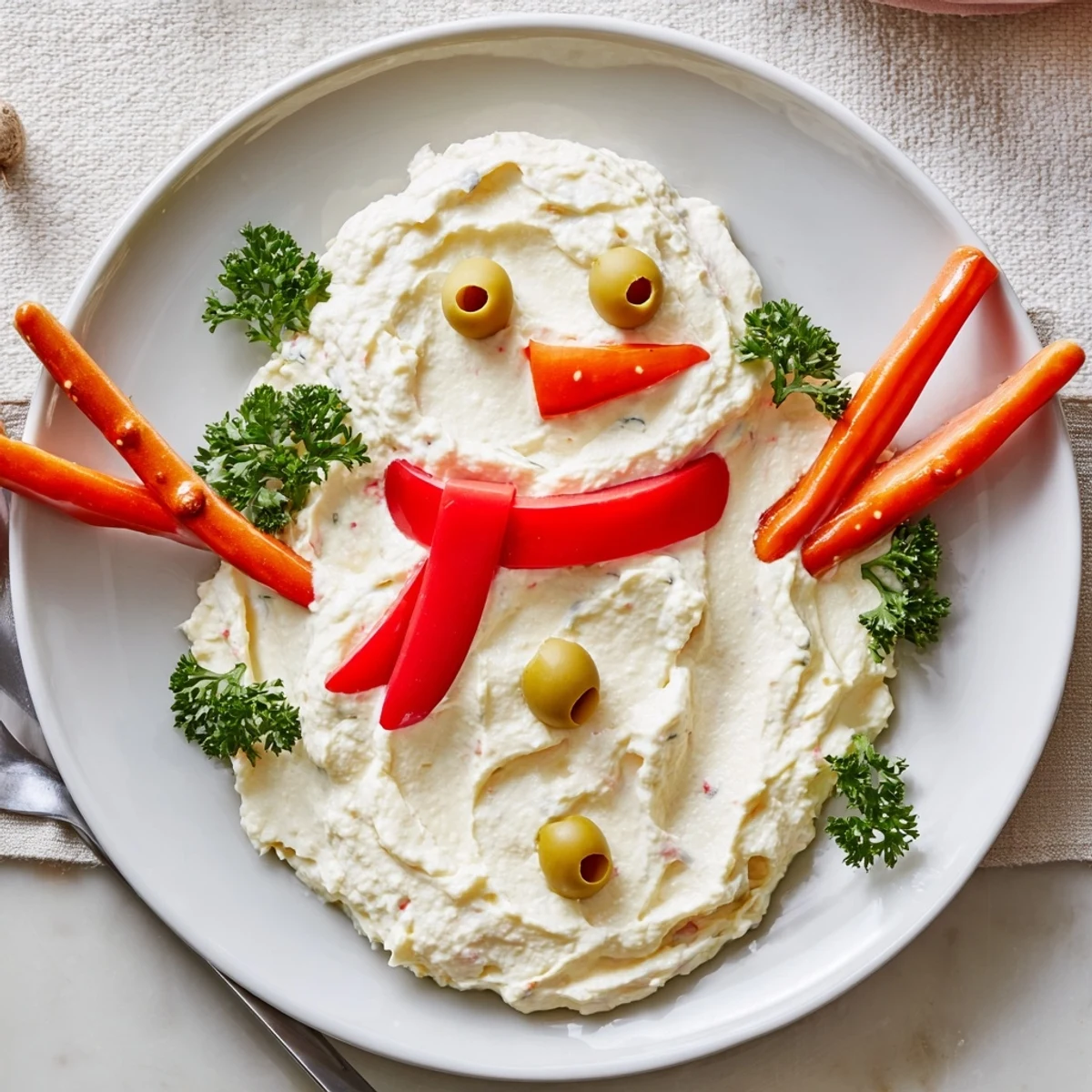 Adorable Melted Snowman Dip Bowl, ready to be scooped up with crackers at a winter party.