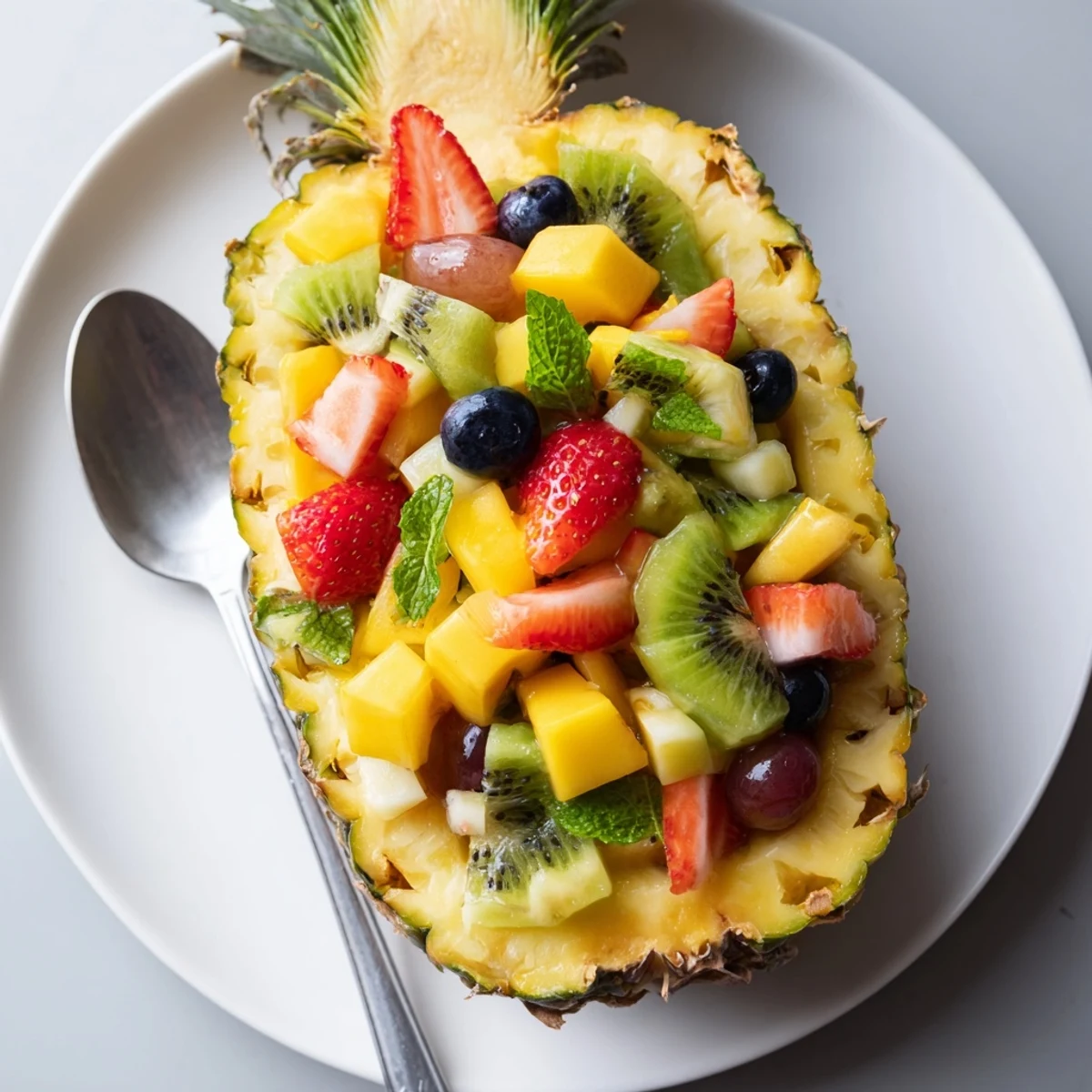 A beautiful pineapple fruit boat filled with colorful fruit, drizzled with lime juice; perfect summer dessert.