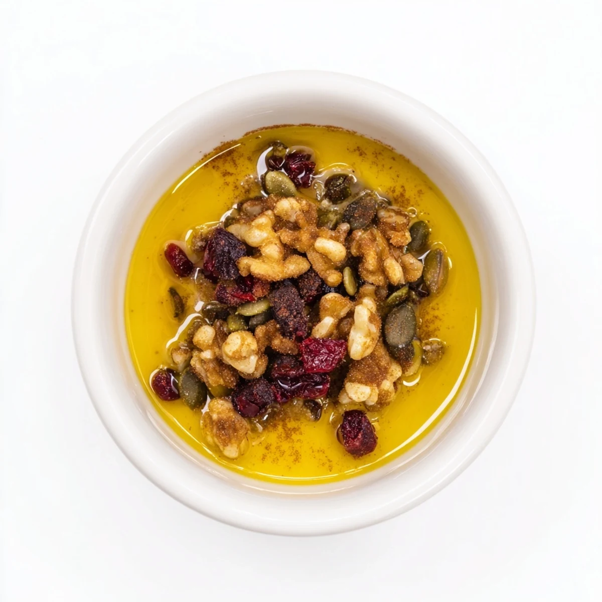 A close-up of a textured Squirrels Gourmet Nut Bowl, showcasing toasted nuts and sweet dried cranberries.