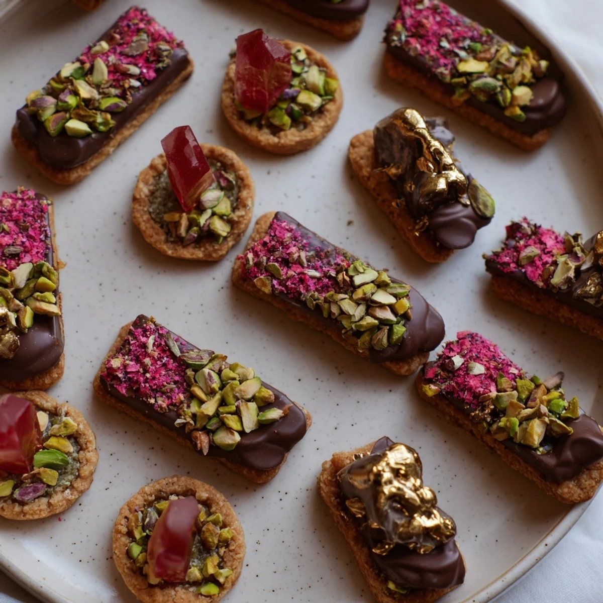 Festive Christmas Joy Trios arranged invitingly on a platter, showcasing gingerbread cookies, bark, and tartlets.