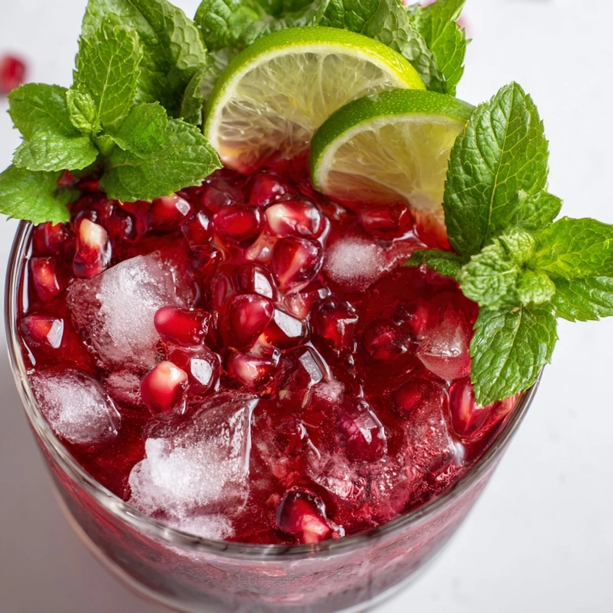 Vibrant Pomegranate and Mint Wreath drink, adorned with ruby pomegranate seeds and fresh mint, perfect for holiday cheers.