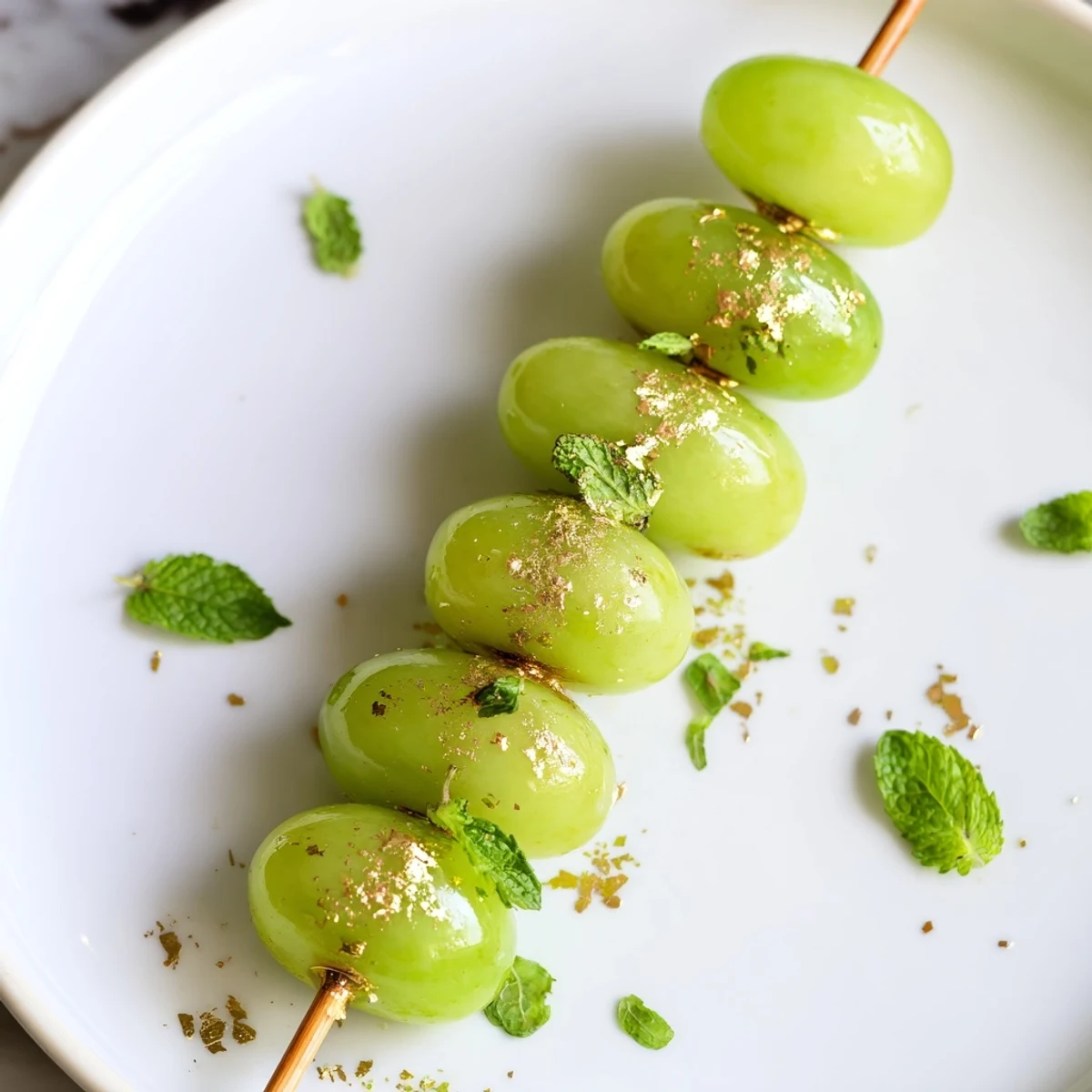 Vibrant Grapes of Luck skewers, ready for a New Year's Eve celebration with sweet, green grapes.
