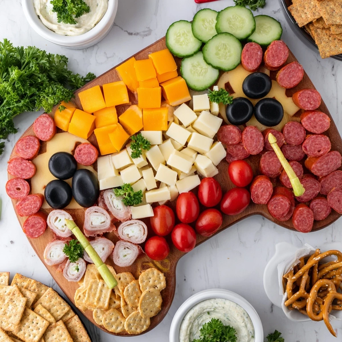 Delectable game night controller shaped snack platter, filled with colorful cheeses, meats, and veggies.