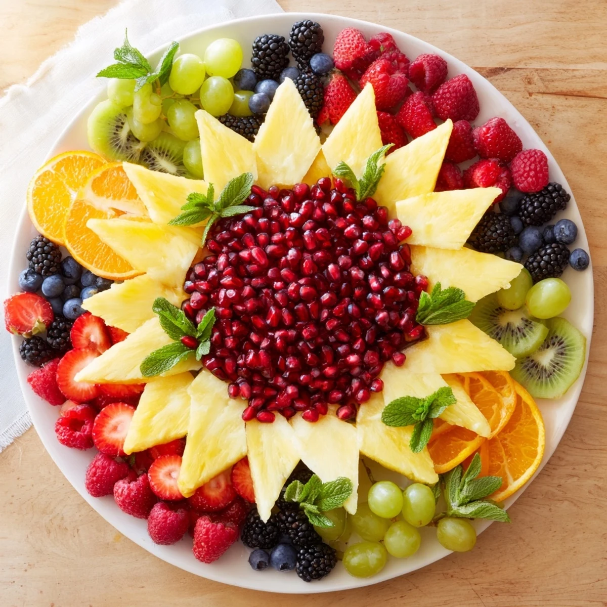 Bright red pomegranate arils highlight this colorful Pomegranate Starburst Platter, a healthy appetizer.