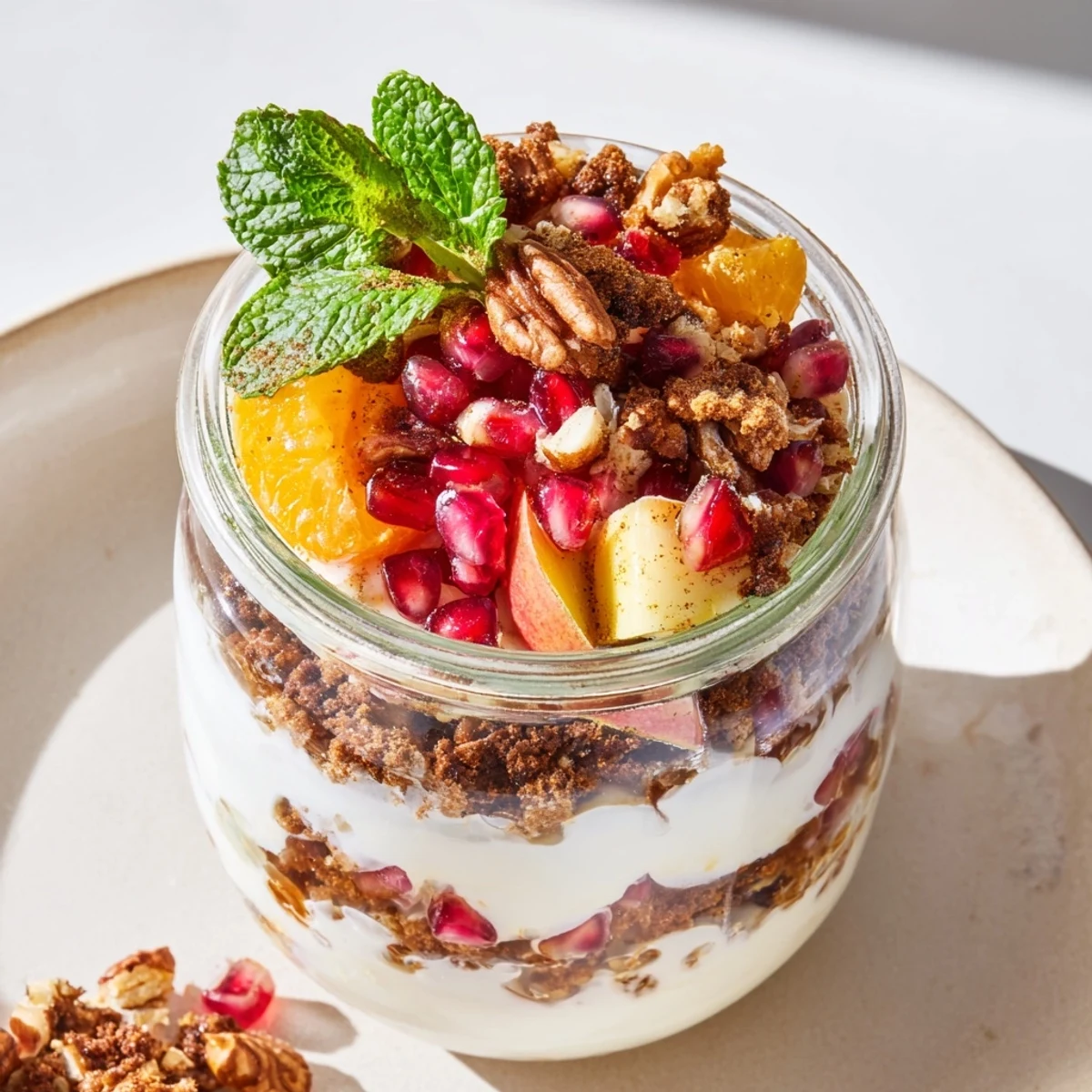 Creamy Christmas Pudding Yogurt Parfait Bar with layers of yogurt, fruit, and crunchy toppings, a holiday treat.