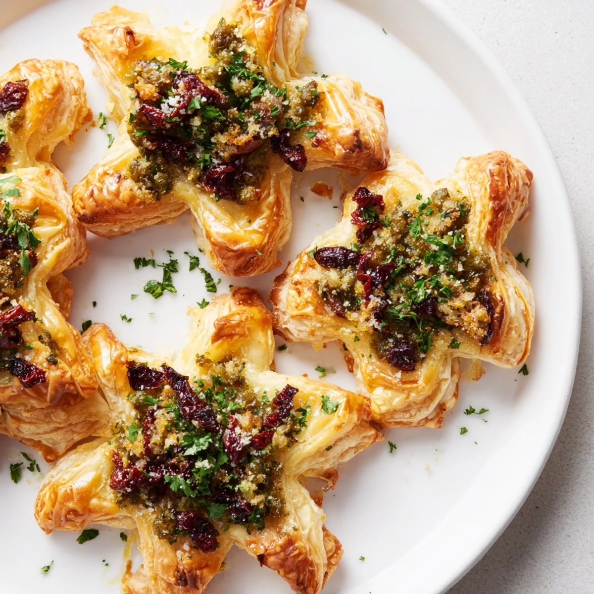 Warm Olive and Sundried Tomato Star Garland, flaky pastry stars with a salty-sweet, Mediterranean flavor.