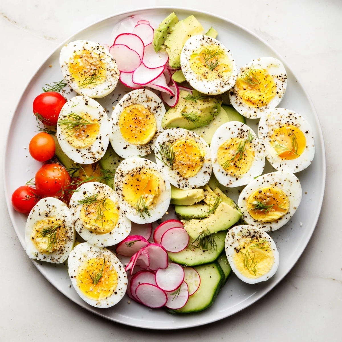 Delicious Brunch Board featuring hard-boiled eggs, bagels, and vibrant veggie accompaniments.