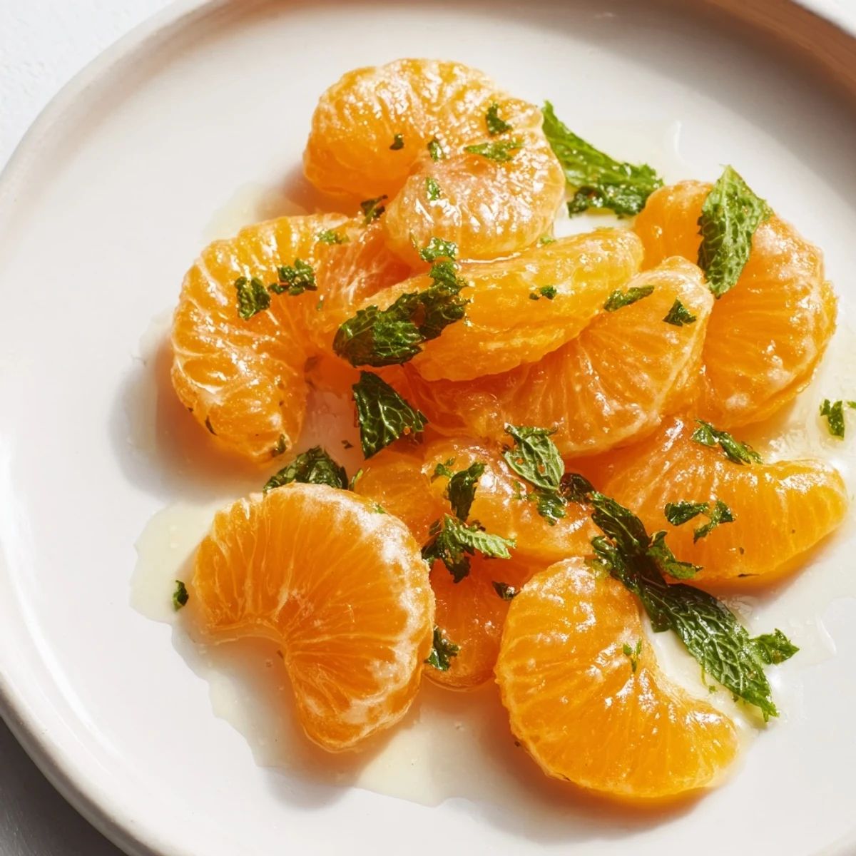 Vibrant clementine and mint winter fruit salad, showcasing juicy citrus segments and fresh green mint.
