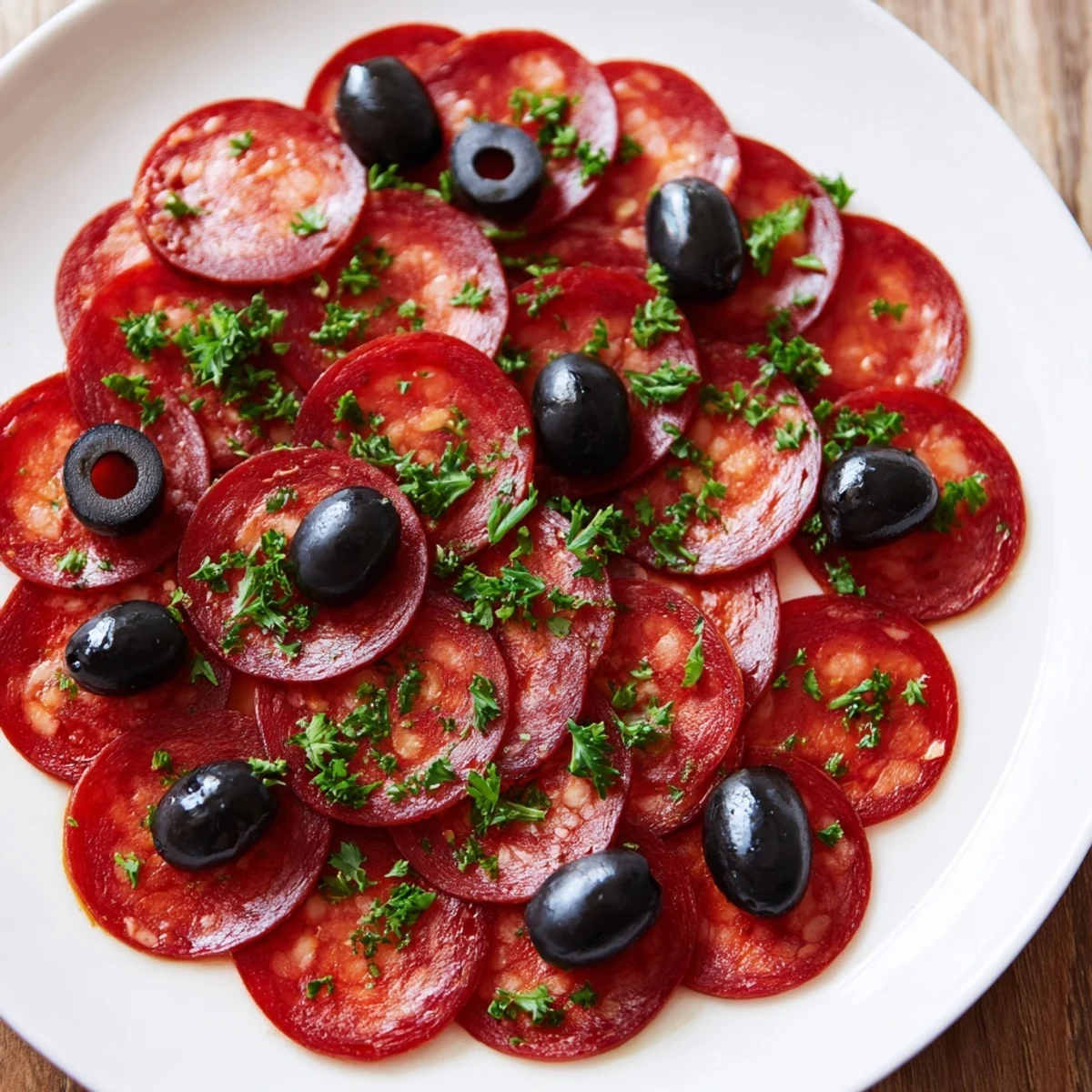 Vibrant arrangement of sliced pepperoni topped with briny olive halves, a simple appetizer for a gathering.