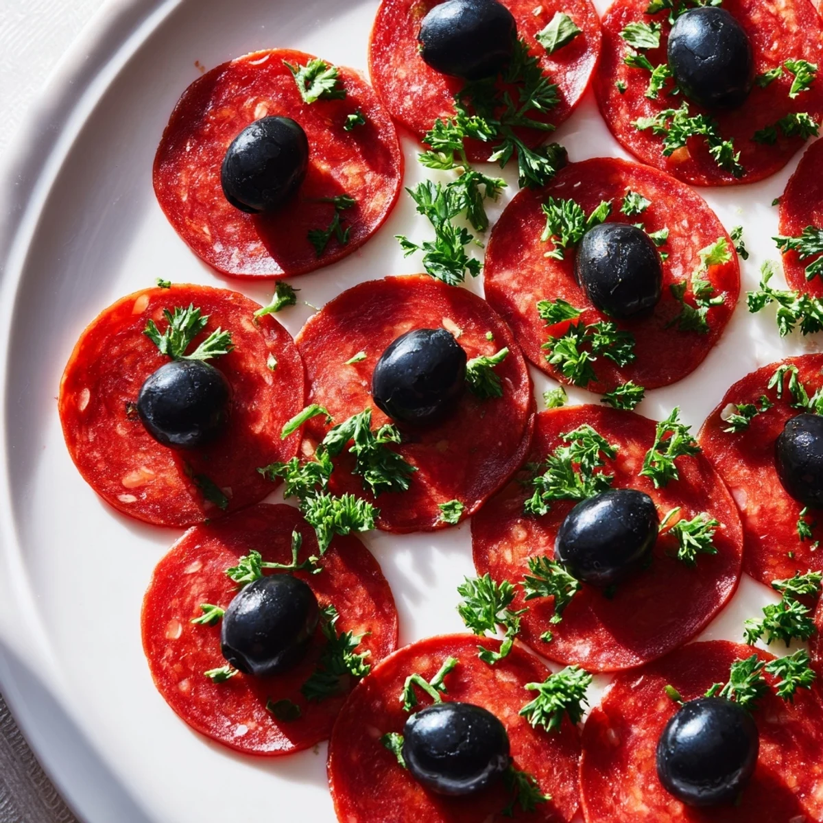 Savory sliced pepperoni and olive halves displayed on a platter, ready for a quick snack.