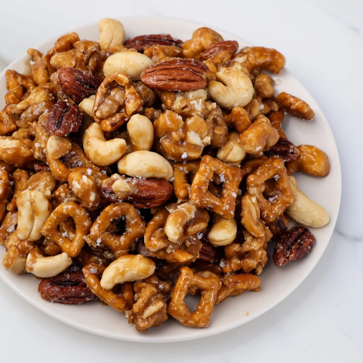 Perfect for gifting or parties, these homemade Salted Caramel Pretzels & Nuts offer a sweet, crunchy treat.