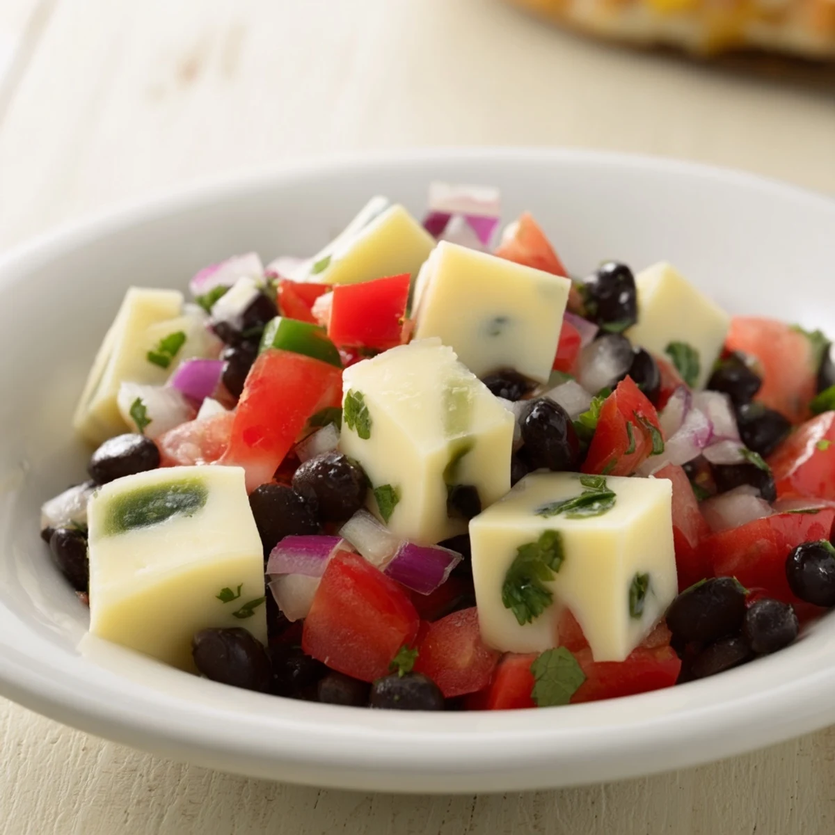 A close-up of savory Pepper Jack cubes with colorful salsa, ready to be enjoyed as a snack.