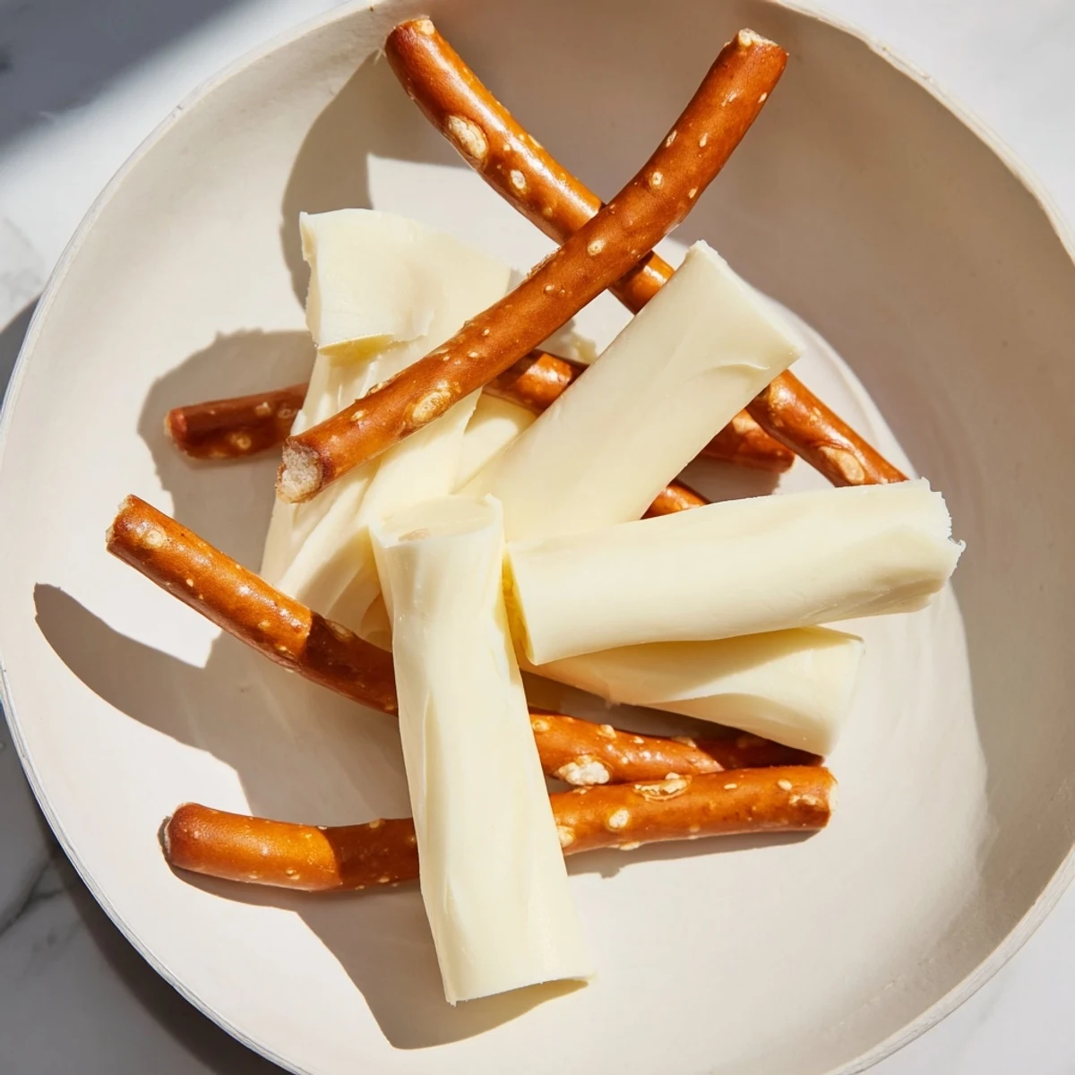 Crisp pretzel rods and soft string cheese: a quick and tasty snack idea for hungry kids.