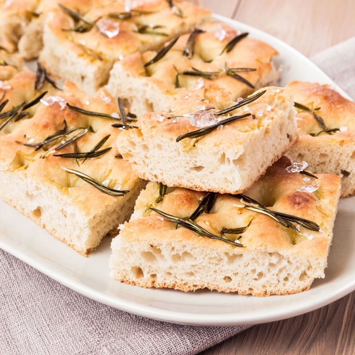 Golden, baked Holiday Bread: Sliced focaccia topped with rosemary and sea salt, ready to eat.