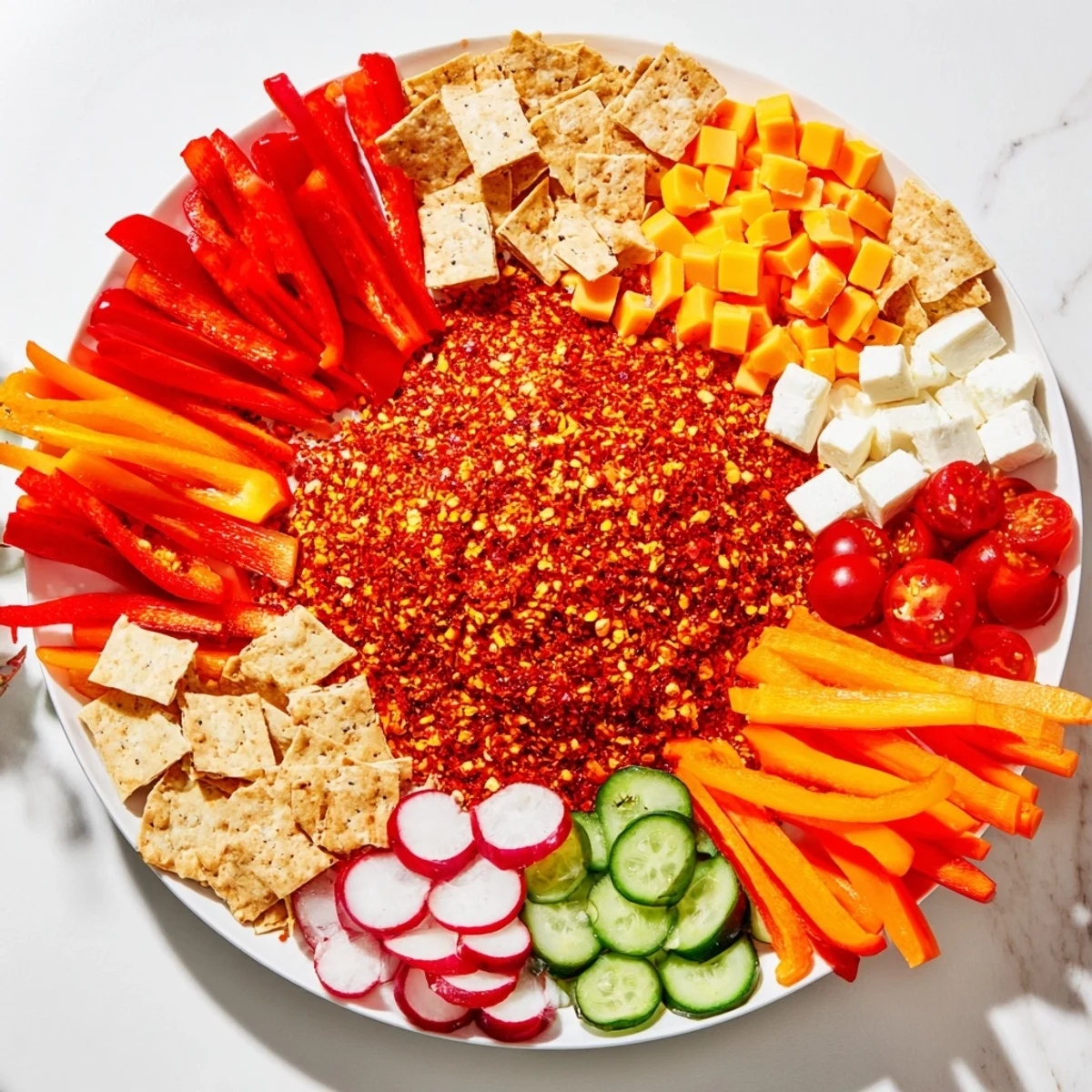 A visually appealing Spicy Hot Take Platter: cheese, meats, veggies, and dips arranged artfully for guests.