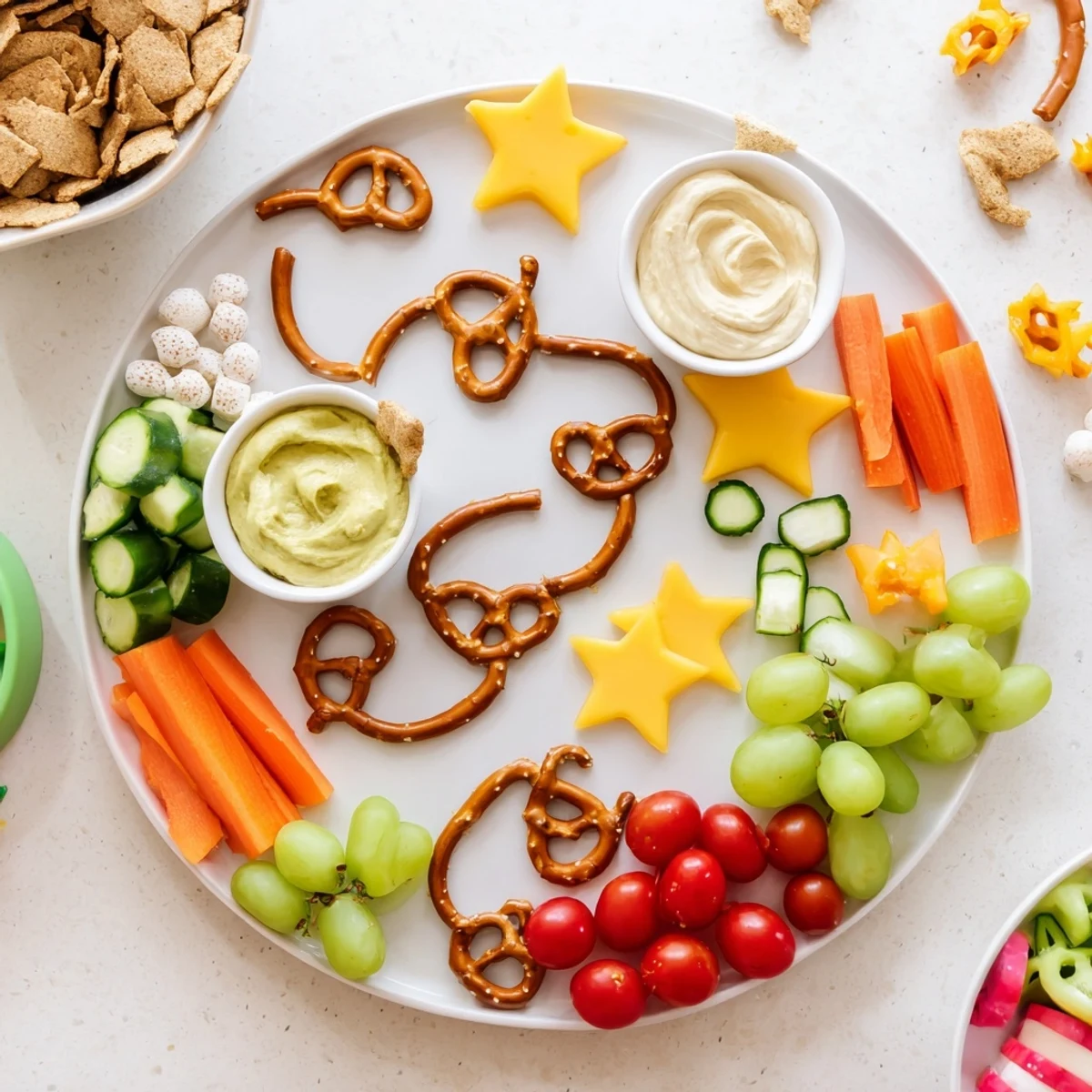 Kids Snack Adventure Map featuring colorful veggies, cheese cutouts, and pretzel stick paths leading to dips.