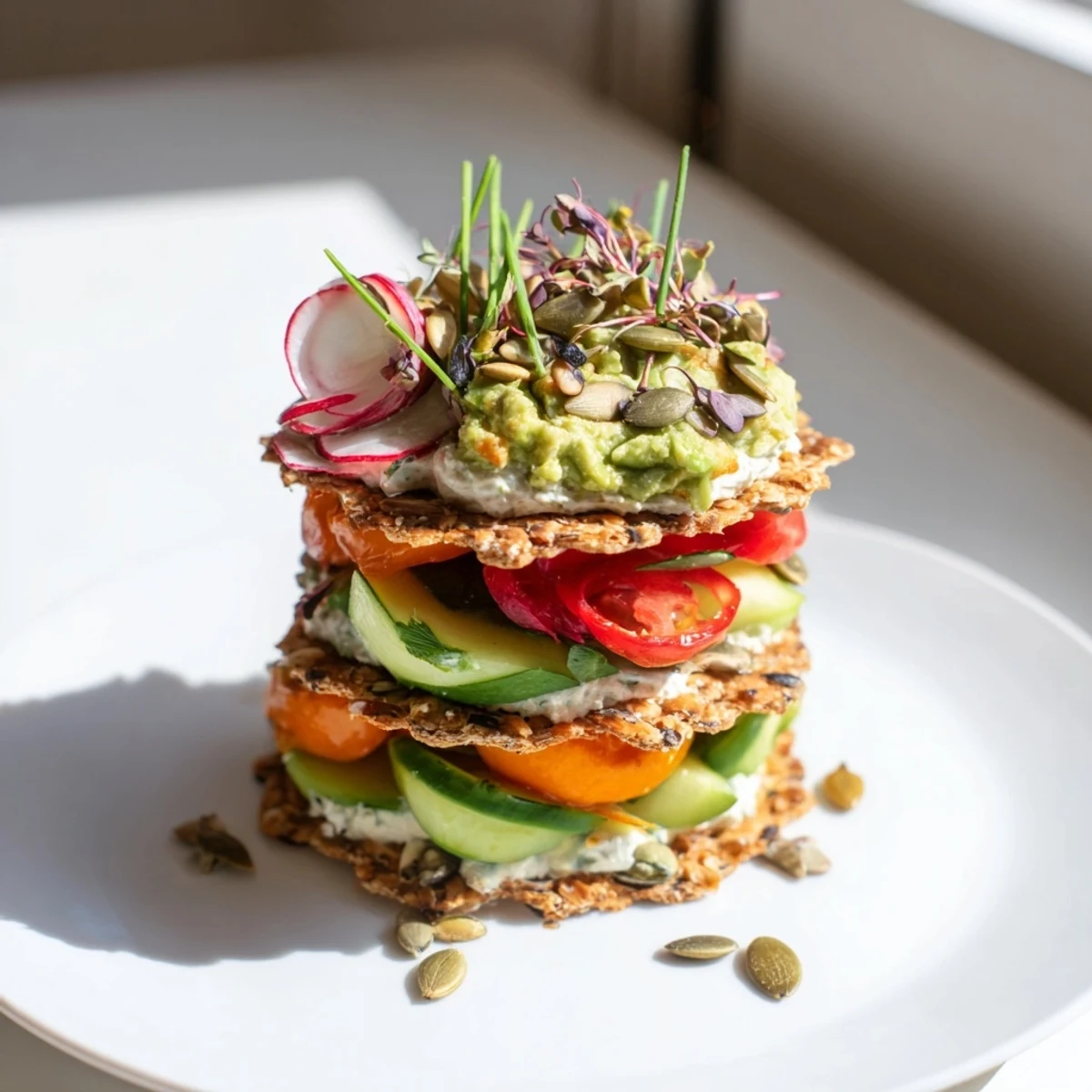 Gluten-Free Gourmet Tower beautifully stacked, showcasing layered gluten-free crackers and fresh, colorful toppings.