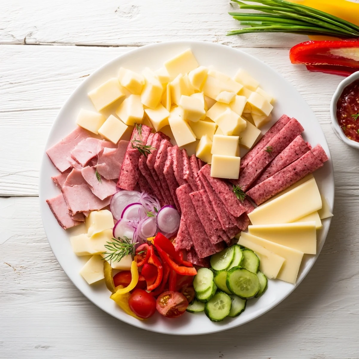 The Keto Power Plate, a vibrant platter of meats, cheeses, and colorful, fresh veggies.