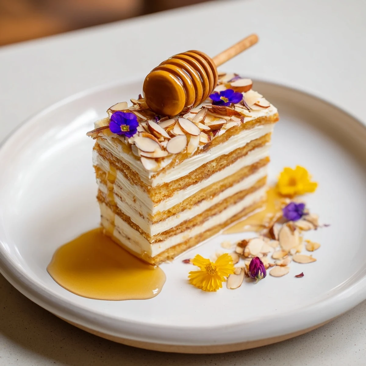 Golden, glossy The Honey-Drip dessert with drizzles and almonds, a sweet-tooth’s dream.