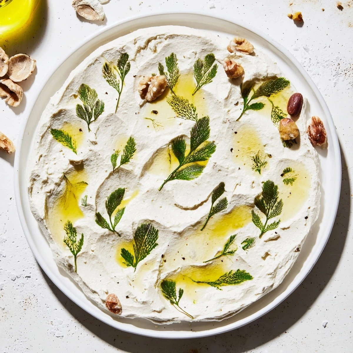 Creamy The Fossil Record appetizer, resembling ancient fossils, served with a selection of rustic nuts.