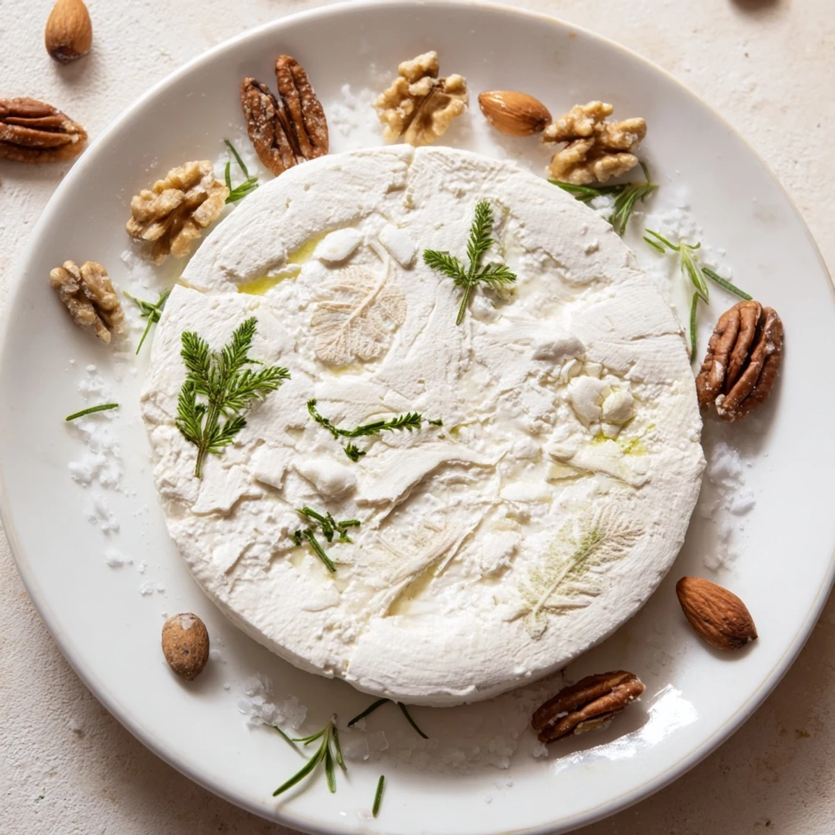 Delicious The Fossil Record, a vegetarian appetizer with soft cheese “fossils” and crunchy, rustic nuts, ready to eat.