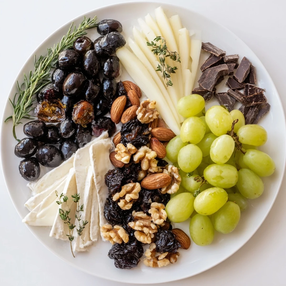 The Winter Solstice Board overflowing with olives, figs, and Brie creating a festive appetizer.