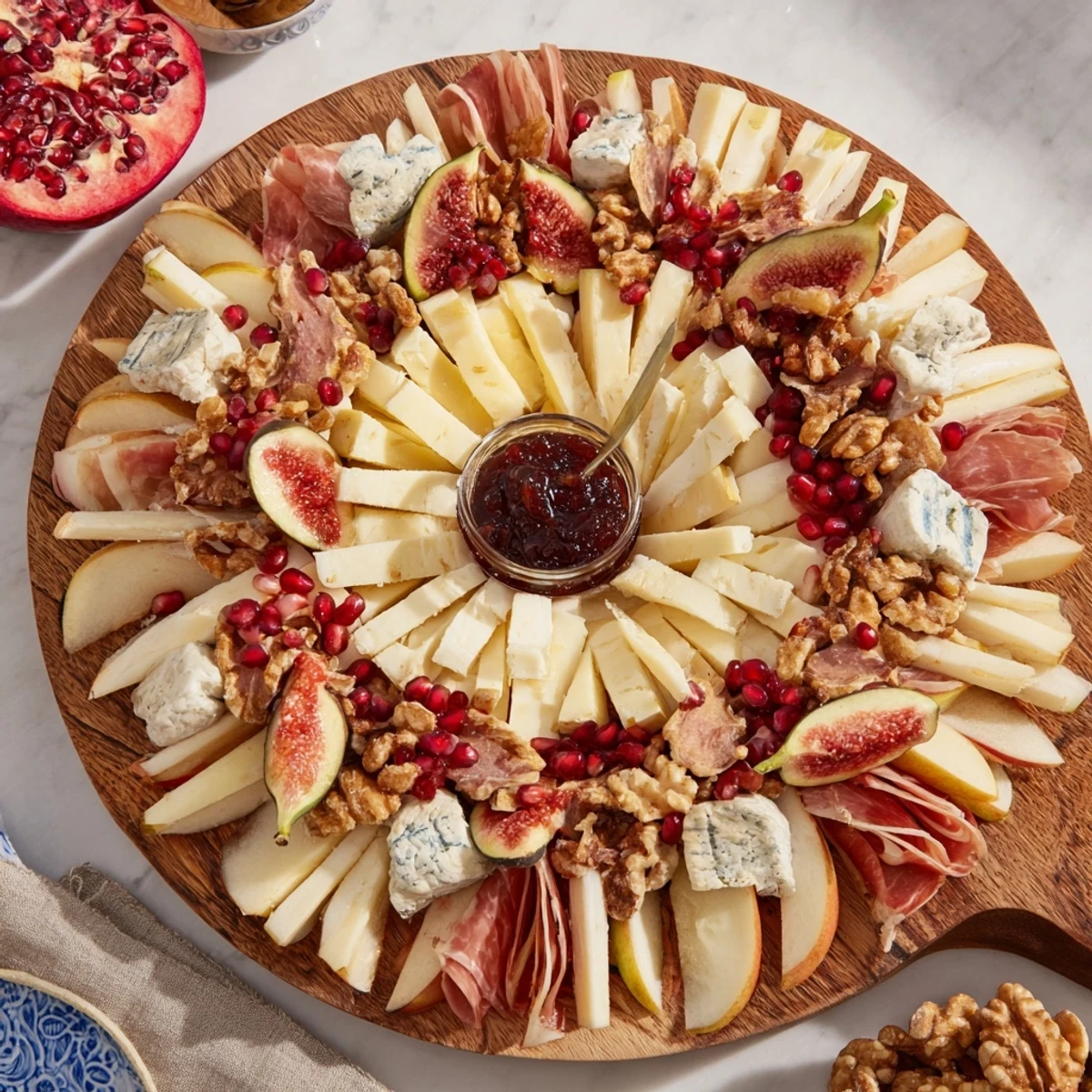 Éclat d’Étoiles Planche de Noël: A starburst charcuterie board with cheeses, meats, and colorful fruits for a festive appetizer.